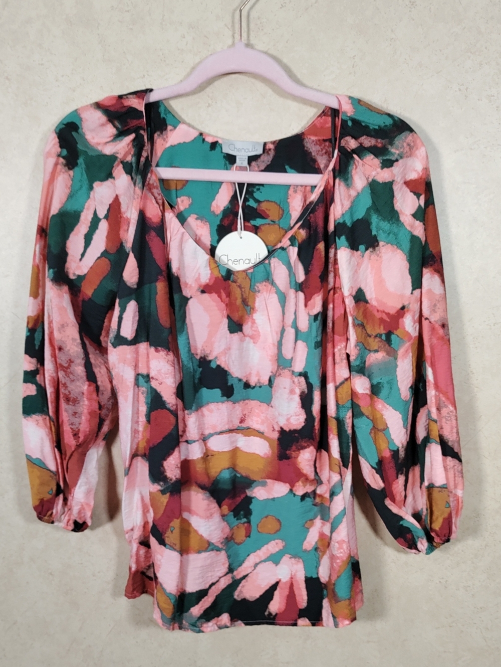 I182 Chenault Pink & Green Abstract Print V-Neck Blouse